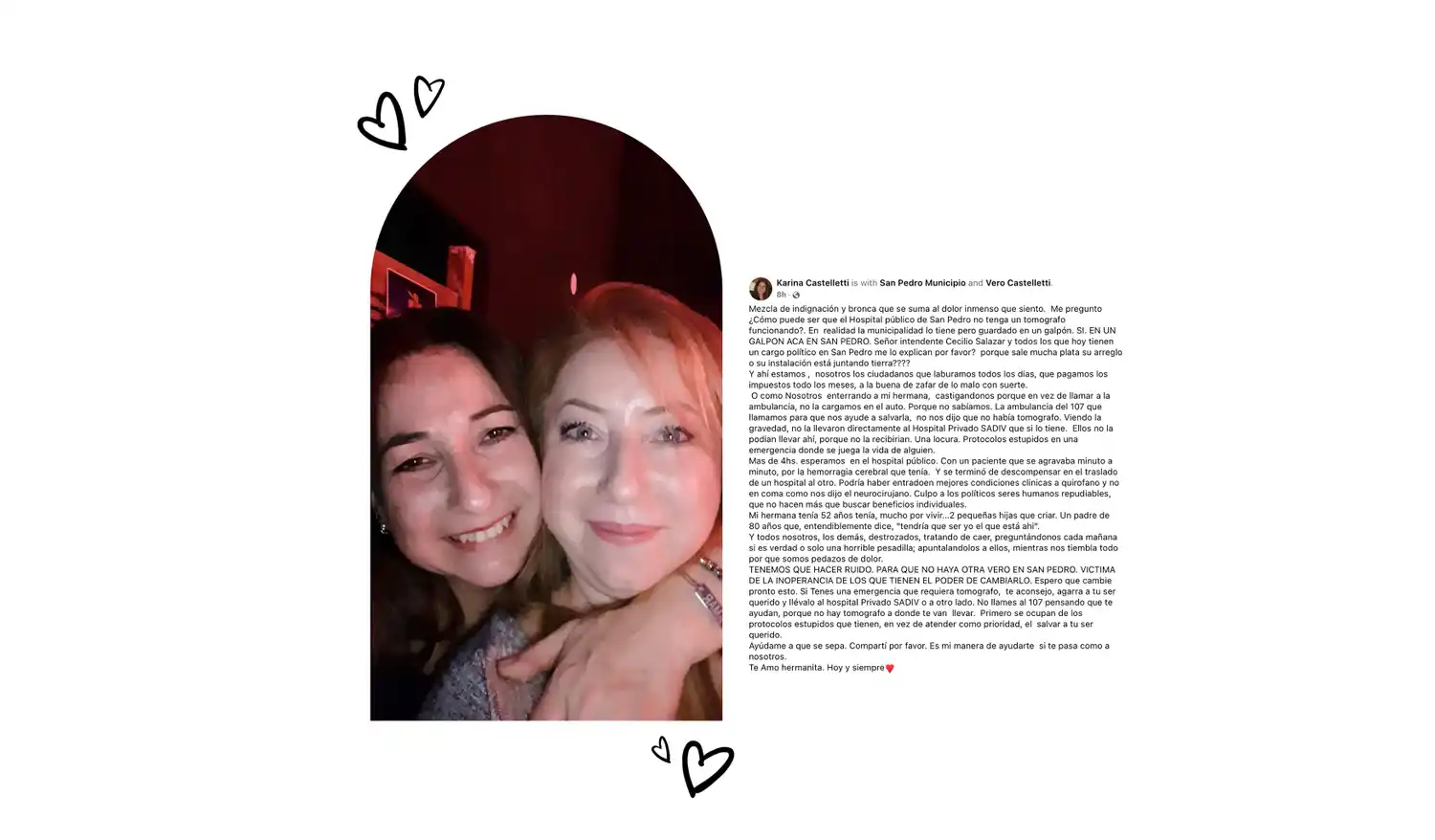 El posteo que Karina pide compartir con los sampedrinos tras el deceso de su hermana Verónica Casteletti.