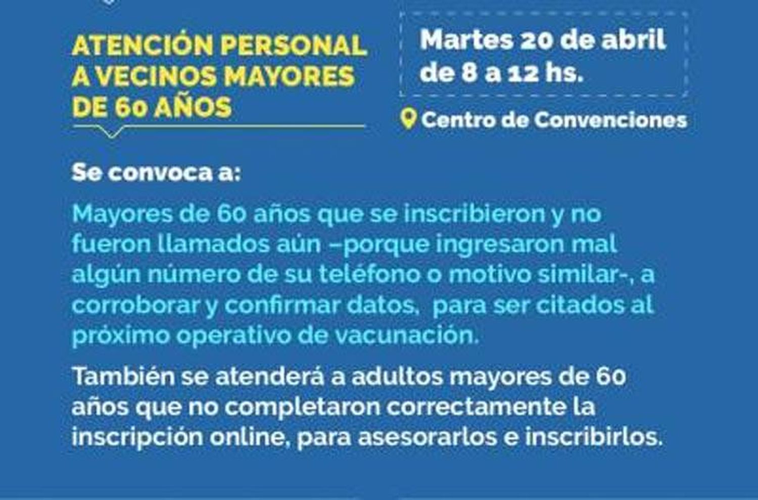 COVID: nueva jornada de  verificación de datos para  mayores  de 60 años