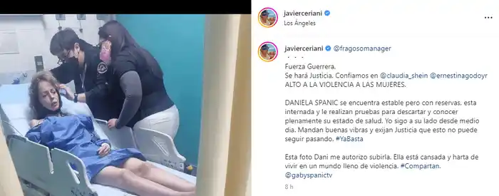 Javier Ceriani publicó una fotografía de la atención médica que recibió Daniela Spanic. Foto Instagram