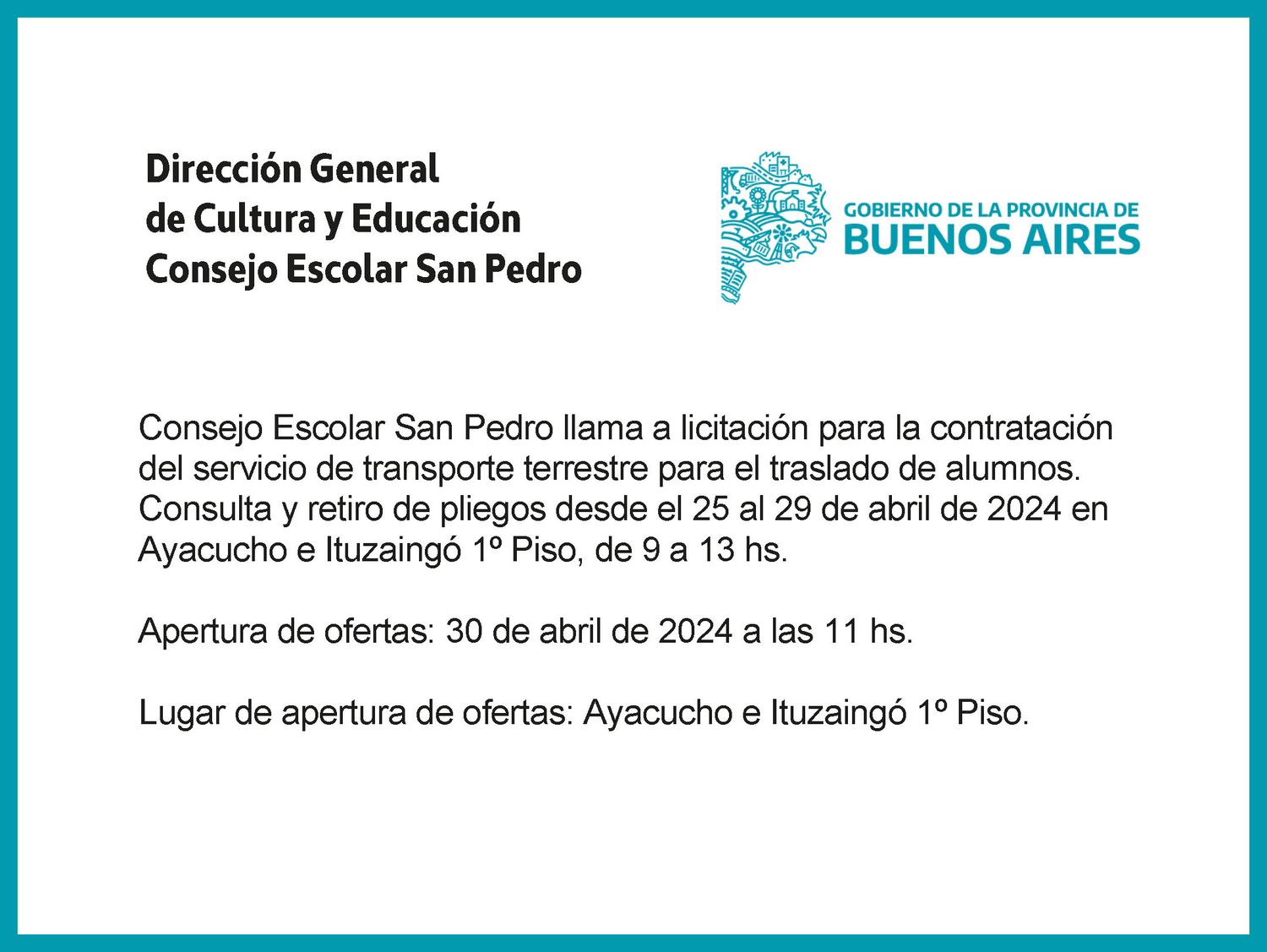 Consejo Escolar San Pedro: licitación para la contratación del servicio de transporte terrestre