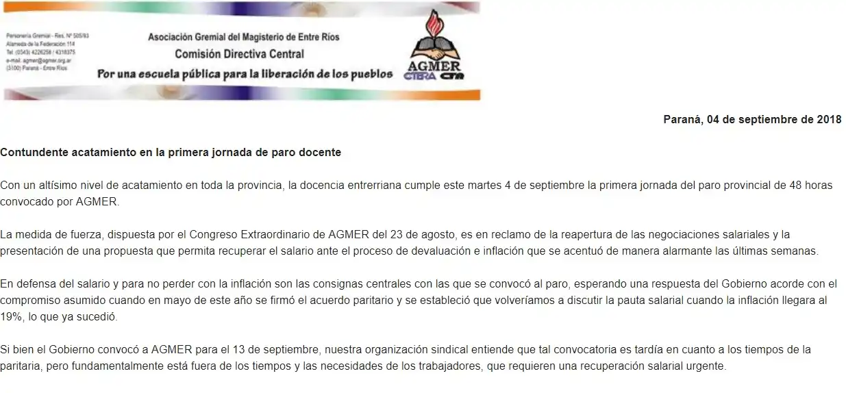 Para Agmer es «contundente» el acatamiento a la primera jornada de paro docente