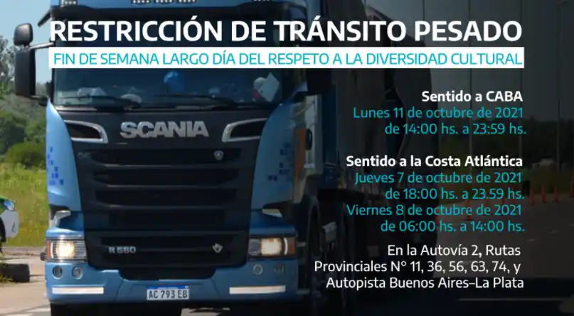 Fin de semana largo: Restricción de camiones por el Día del Respeto a la Diversidad Cultural