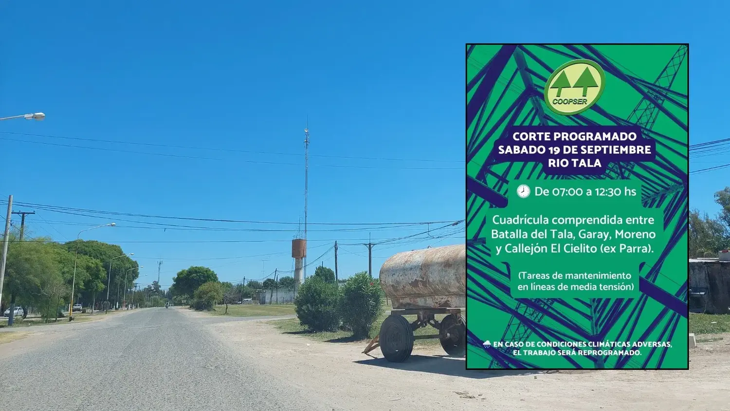 La Coopser realizará un corte programado de energía en Río Tala, este sábado, de 7 a 12,30.