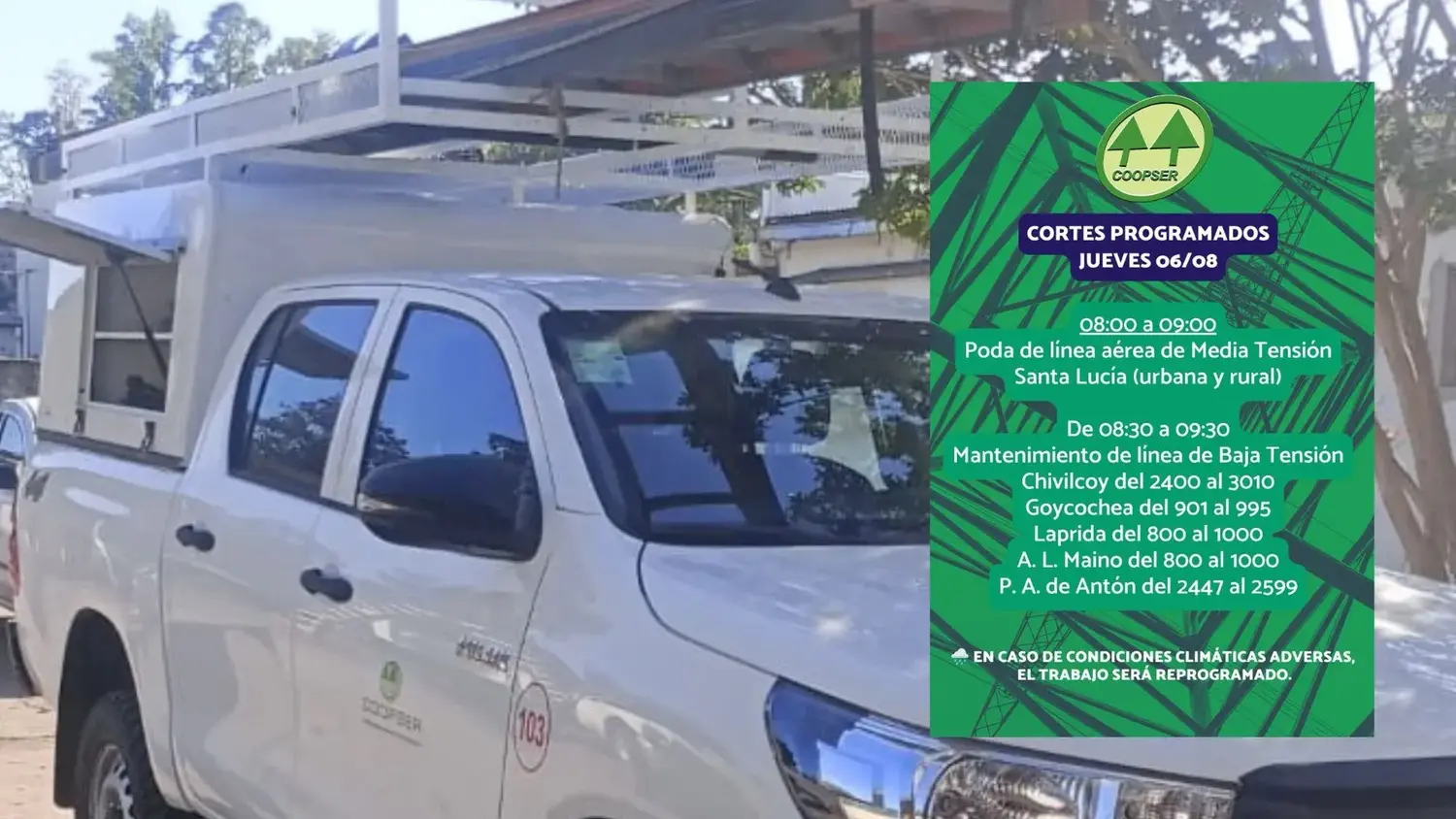 Los cortes programados de la CoopSer para este jueves 6 se realizarán en un barrio de la ciudad y Santa Lucía.