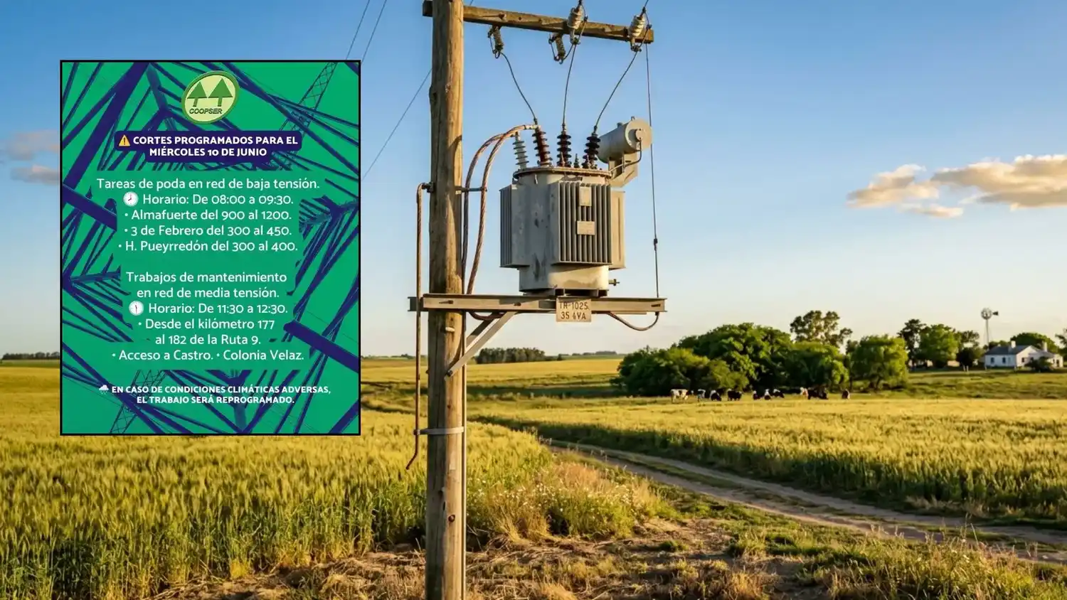 Los cortes programados para este miércoles 10 serán en sectores de la ciudad y el campo.