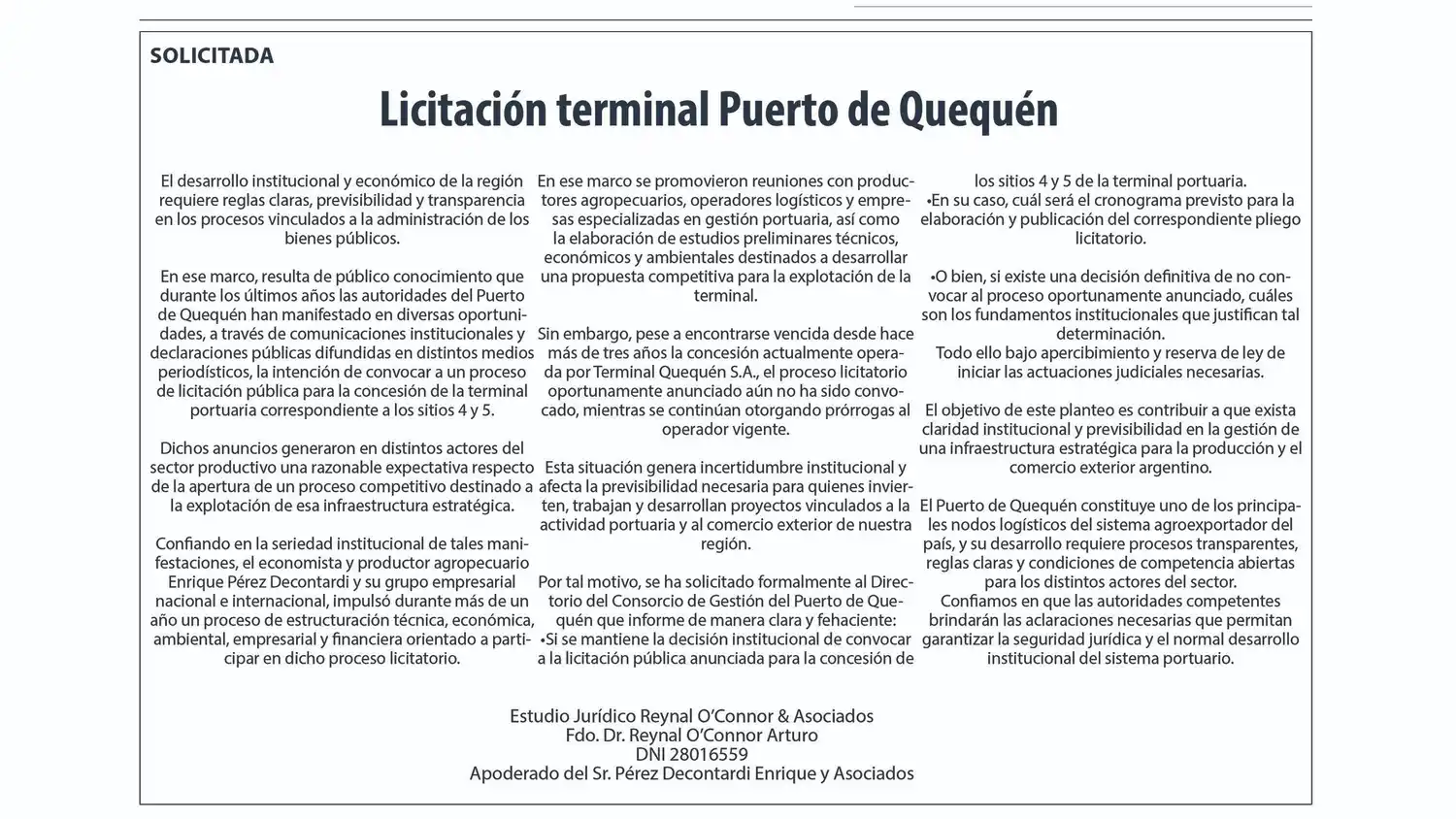 Reclamo por la licitación de la terminal portuaria en Quequén y advertencia de acciones judiciales