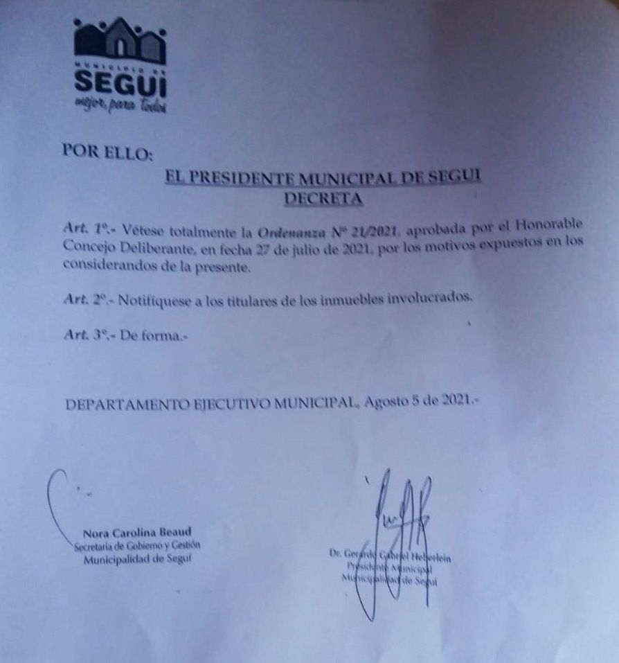 Heberlein vetó la ordenanza que declaraba de interés municipal los lotes de 11 vecinos