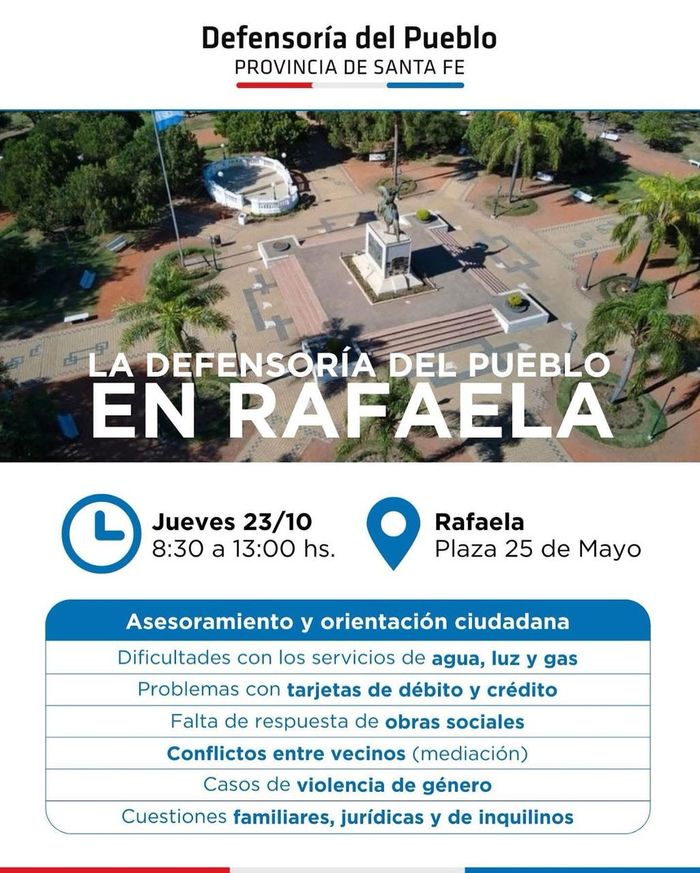 La Defensoría del Pueblo atenderá este jueves en la Plaza 25 de Mayo de Rafaela