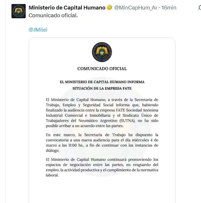 El Gobierno informó este lunes que no hubo acuerdo en la audiencia por el conflicto de FATE entre la empresa y el gremio SUTNA