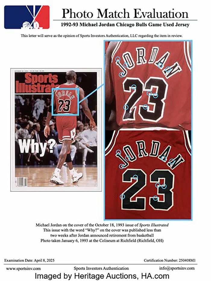 Las comparaciones de la camiseta que usó Jordan con la portada de Sports Illustrated (Heritage Auctions)