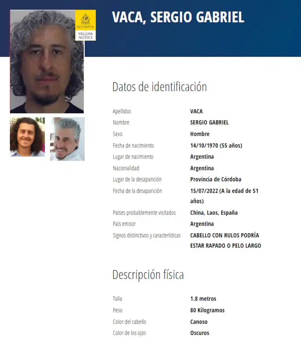 Los datos de Sergio Vaca en la alerta amarilla de Interpol
