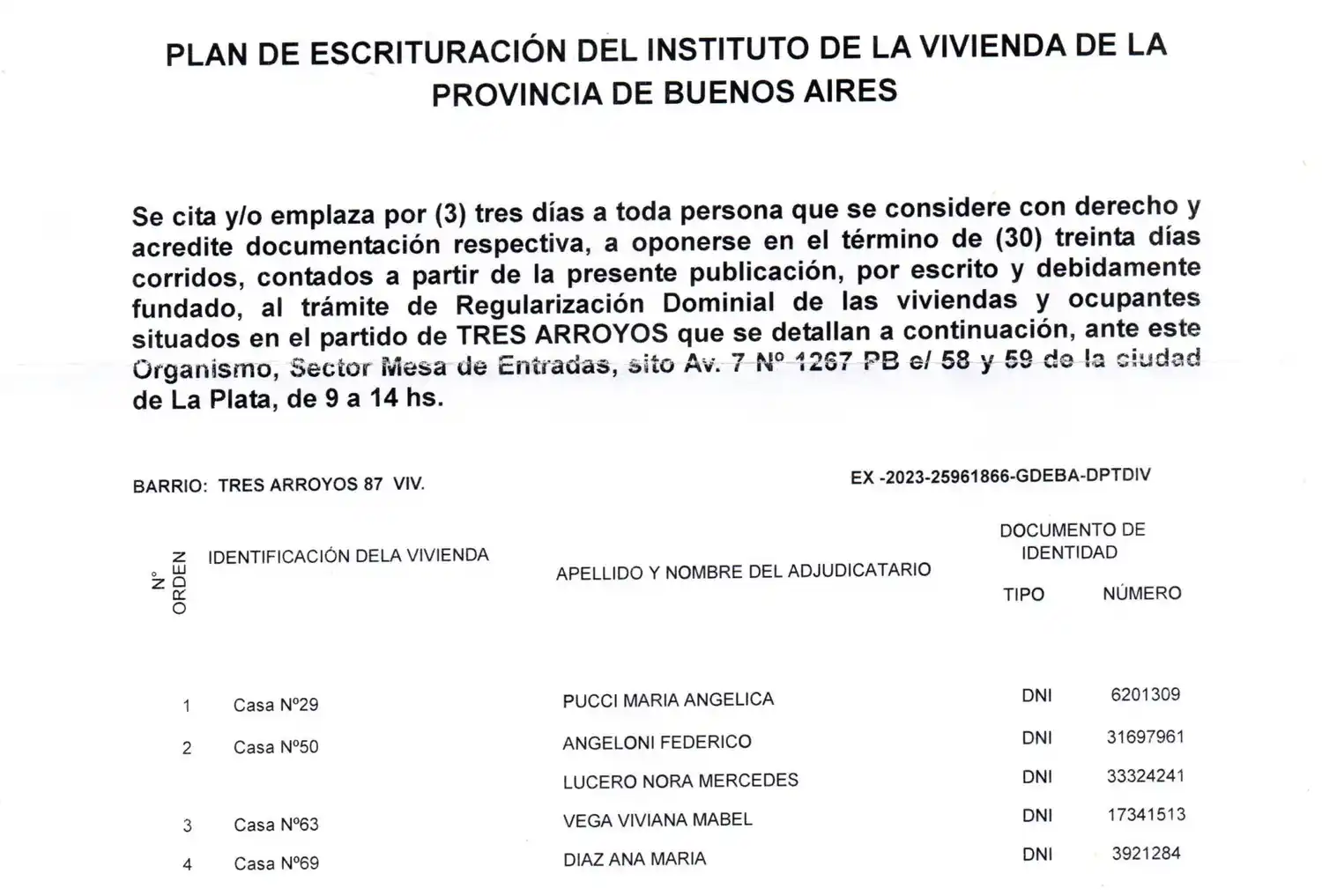 Citación para el plan de escrituración del Instituto de la Vivienda