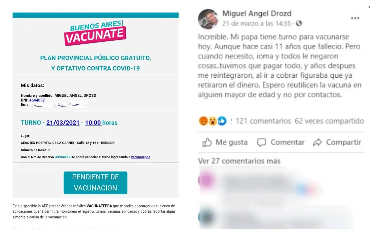Denuncian que la Provincia le dio turno para vacunarse a un hombre que murió hace 11 años en Berisso