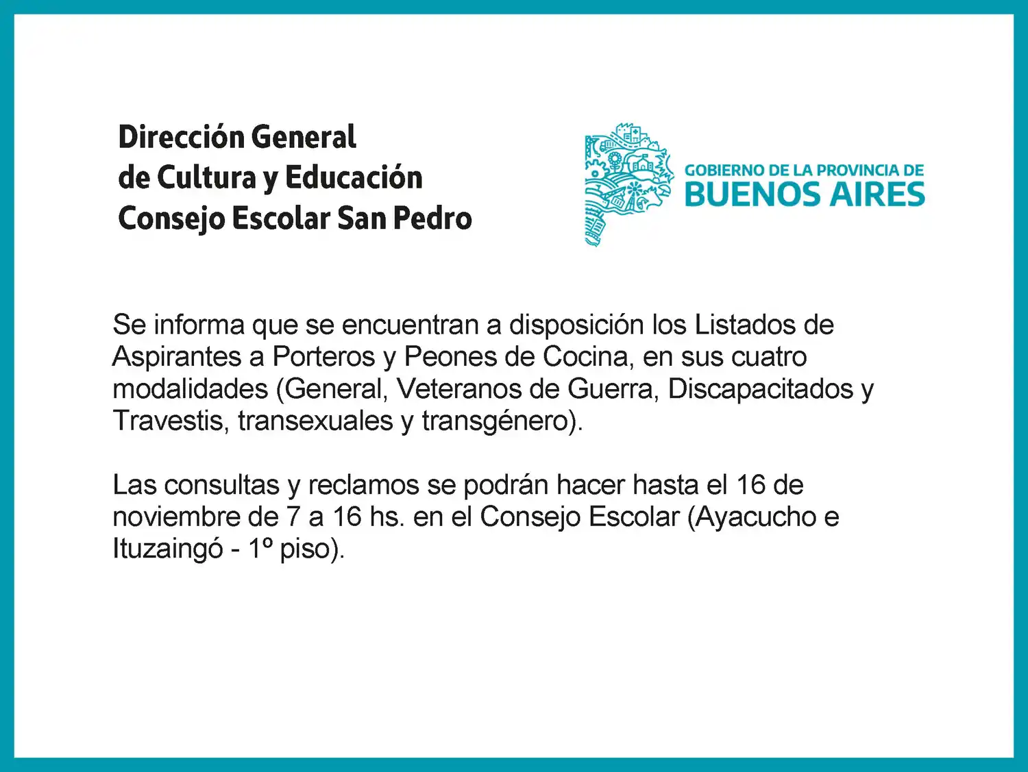 [Publicación Oficial] Consejo Escolar San Pedro: Listado de Aspirantes a Porteros y Peones de Cocina