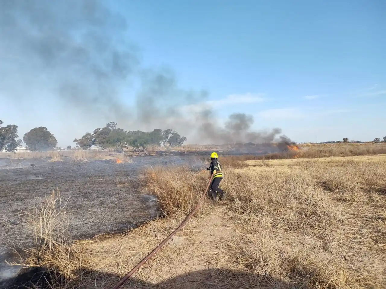 Venado Tuerto: incendio de pastos y accidente con motociclista herido, asistidos por Bomberos