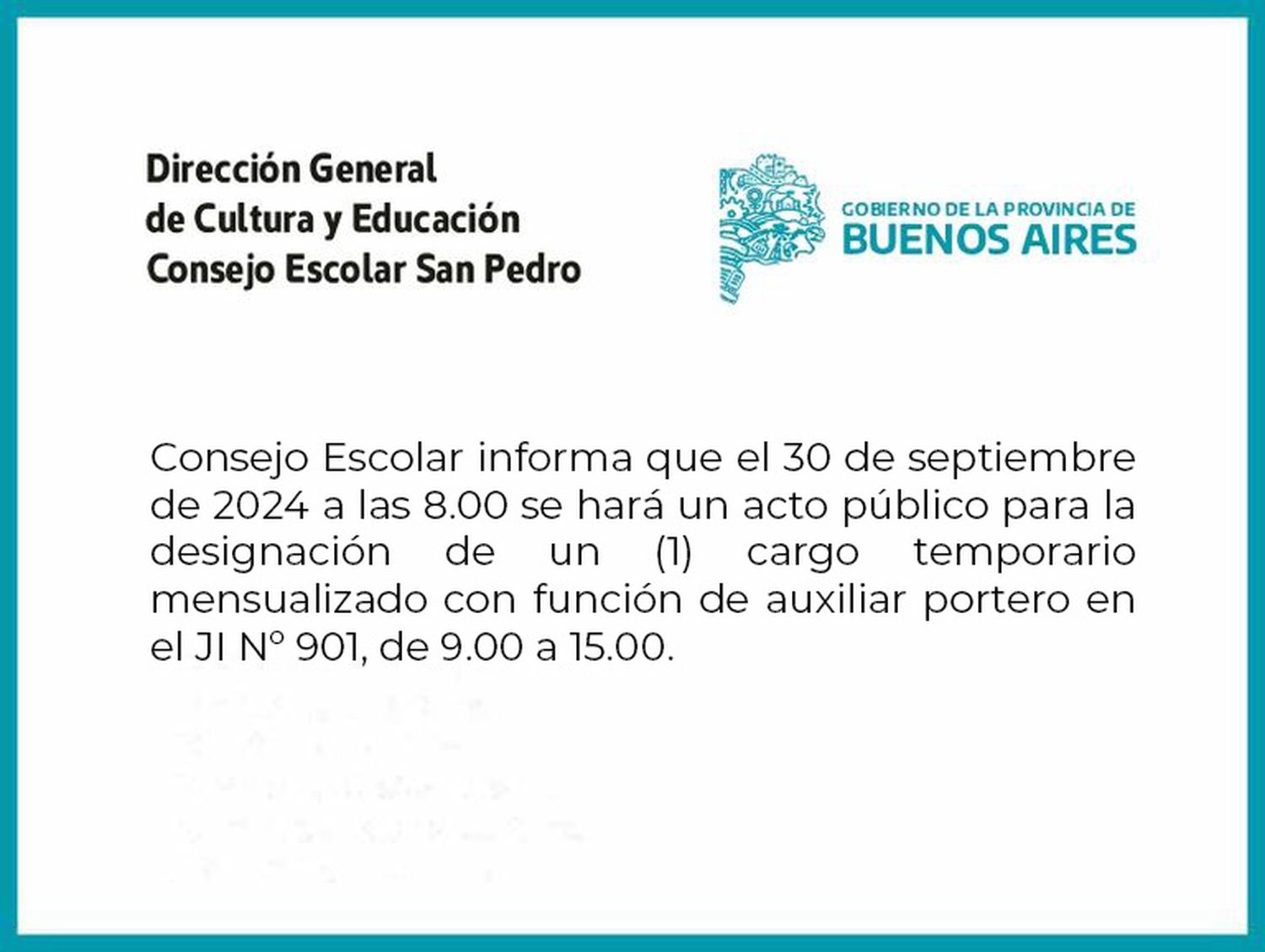 [Publicación Oficial] Consejo Escolar San Pedro: Designación de un cargo temporario con función de auxiliar portero