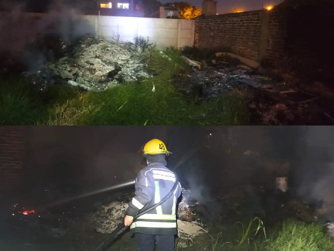 Bomberos constató que el fuego se concentraba en un montículo de madera y aserrín situado en el fondo del predio. Crédito: Bomberos de Venado Tuerto.