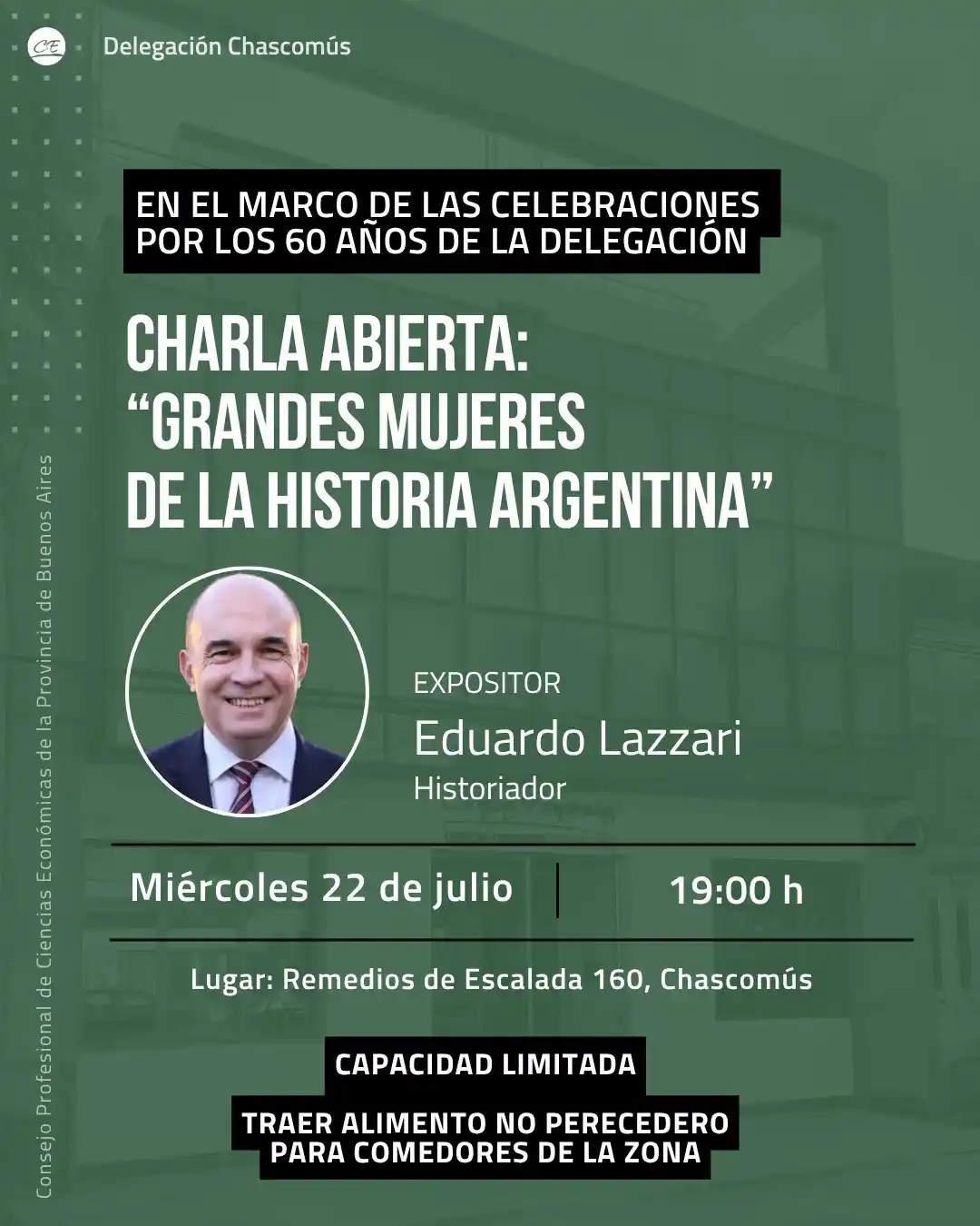 Eduardo Lazzari brindará una charla en Chascomús en el marco de los 60 años de la Delegación del Consejo Profesional de Ciencias Económicas