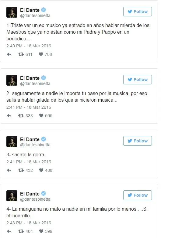 Dante Spinetta: "La mariguana no mató a nadie en mi familia"