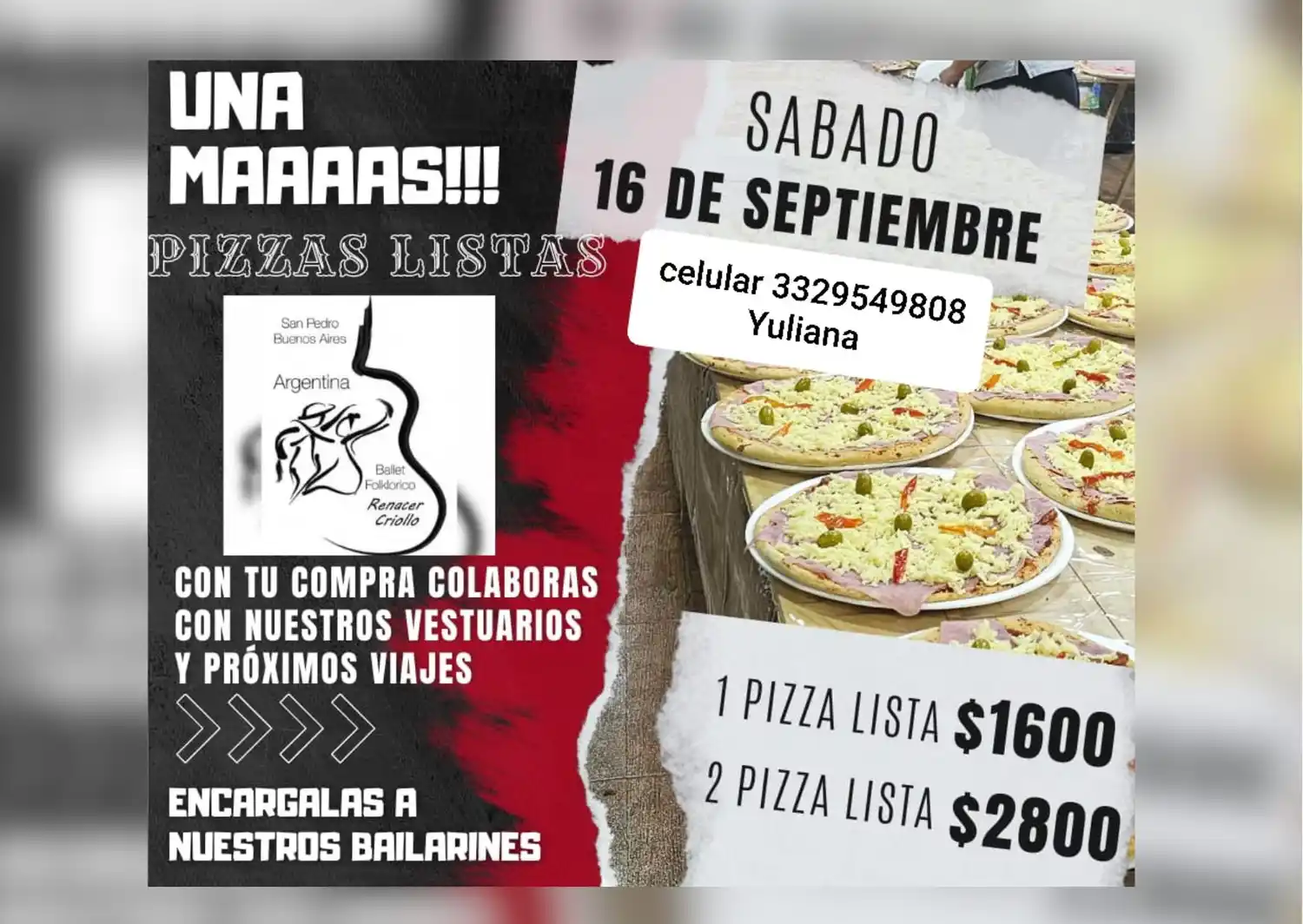 Pizzas para colaborar con el Ballet Renacer Criollo 