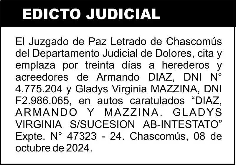 DIAZ, ARMANDO Y MAZZINA. GLADYS VIRGINIA S/SUCESION AB-INTESTAT