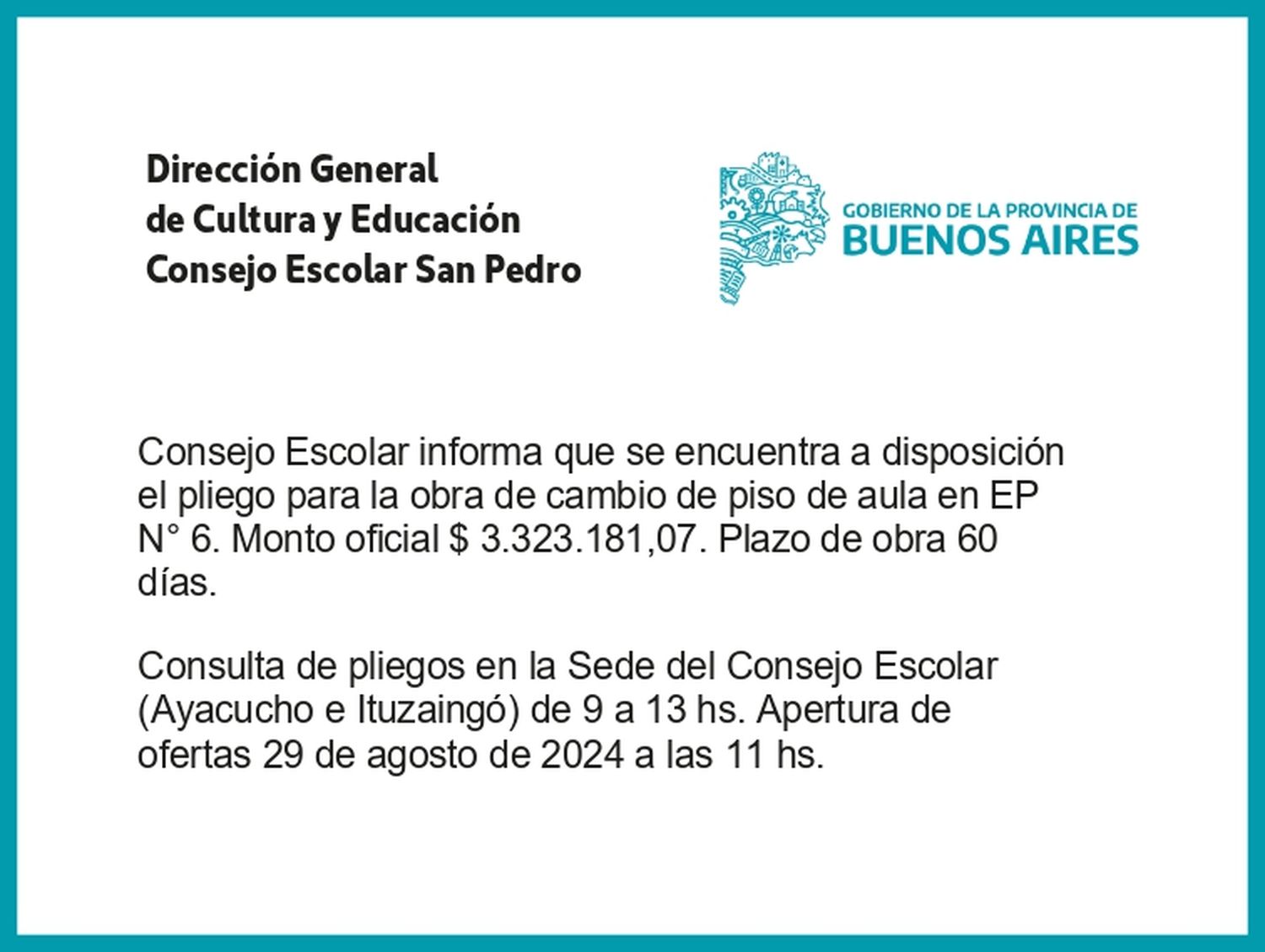 [Publicación Oficial] Consejo Escolar: Pliegos para obras disponibles