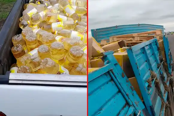 Volcó camión cargado con aceite, robaban las botellas y actuó la policía