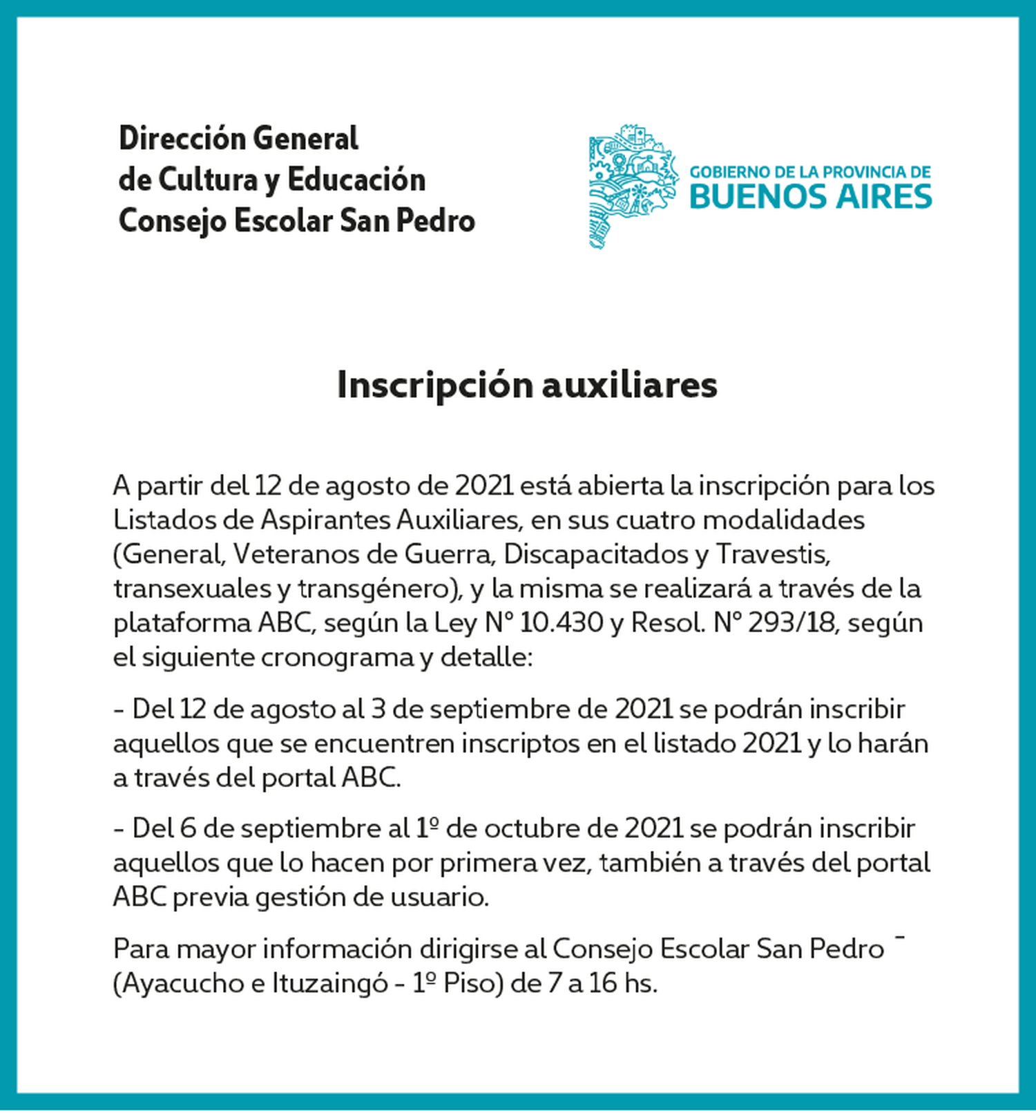 [Publicación Oficial] Informe Consejo Escolar: está abierta la inscripción para los Listados de Aspirantes Auxiliares