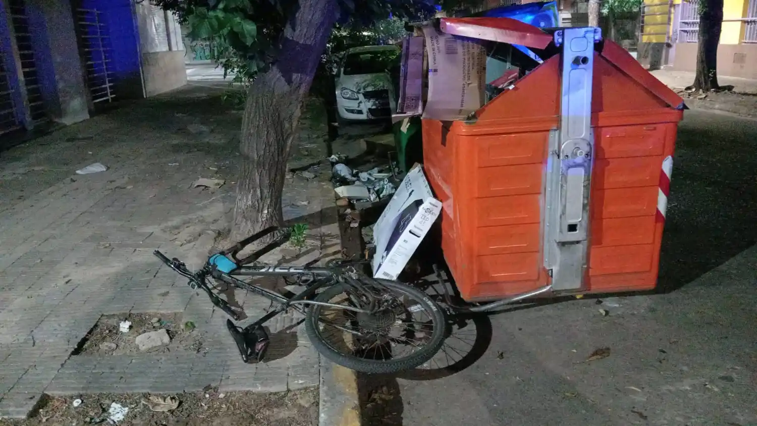 Bicicleta descartada en contenedor.