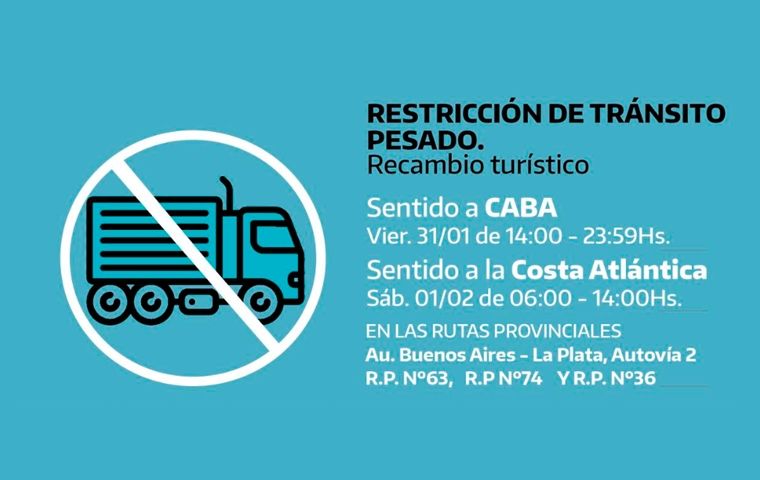 Restricción de camiones en rutas de la Provincia de Buenos Aires por recambio turístico de febrero