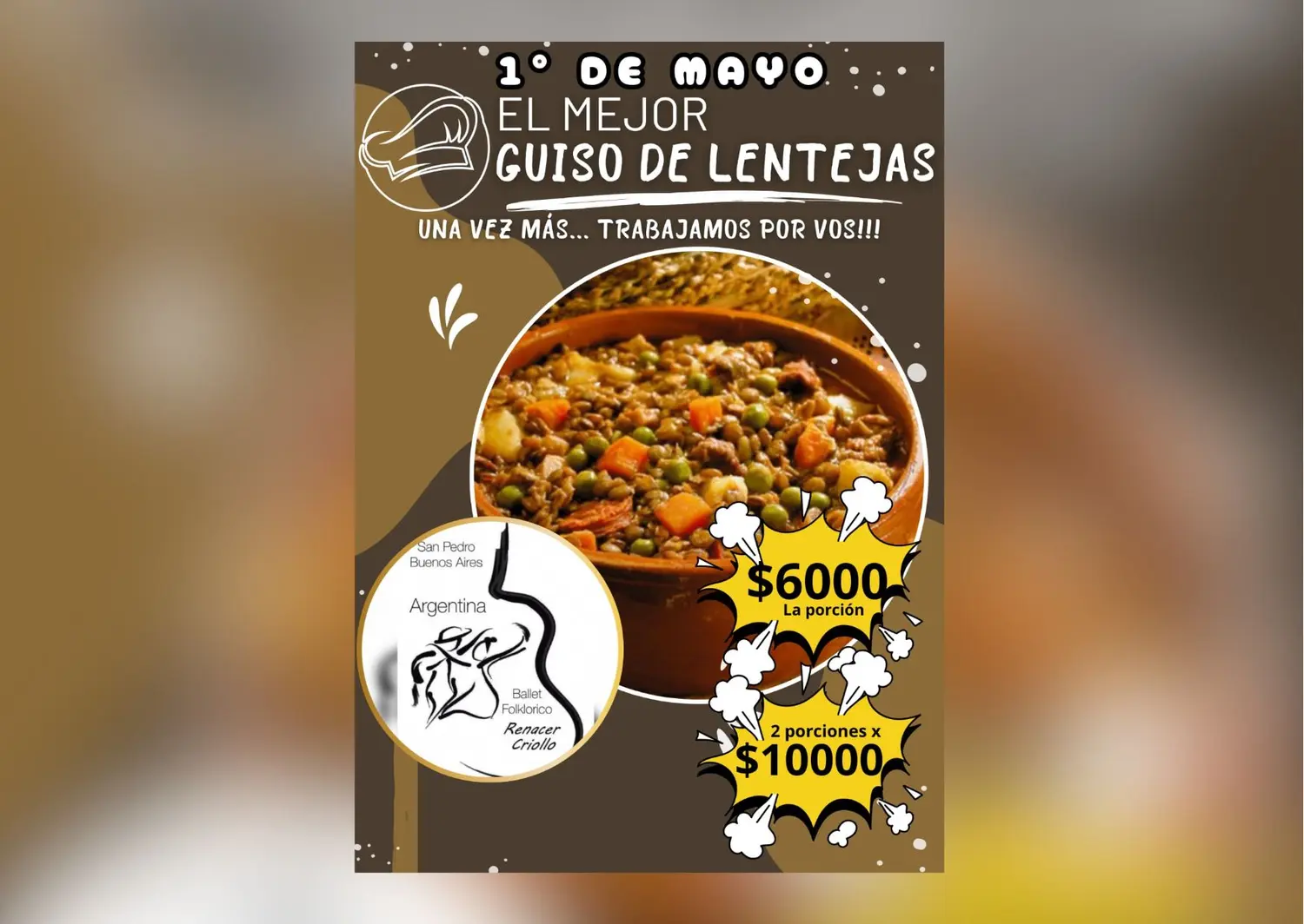 Venta de guiso de lentejas a beneficio del grupo de danza Renacer Criollo