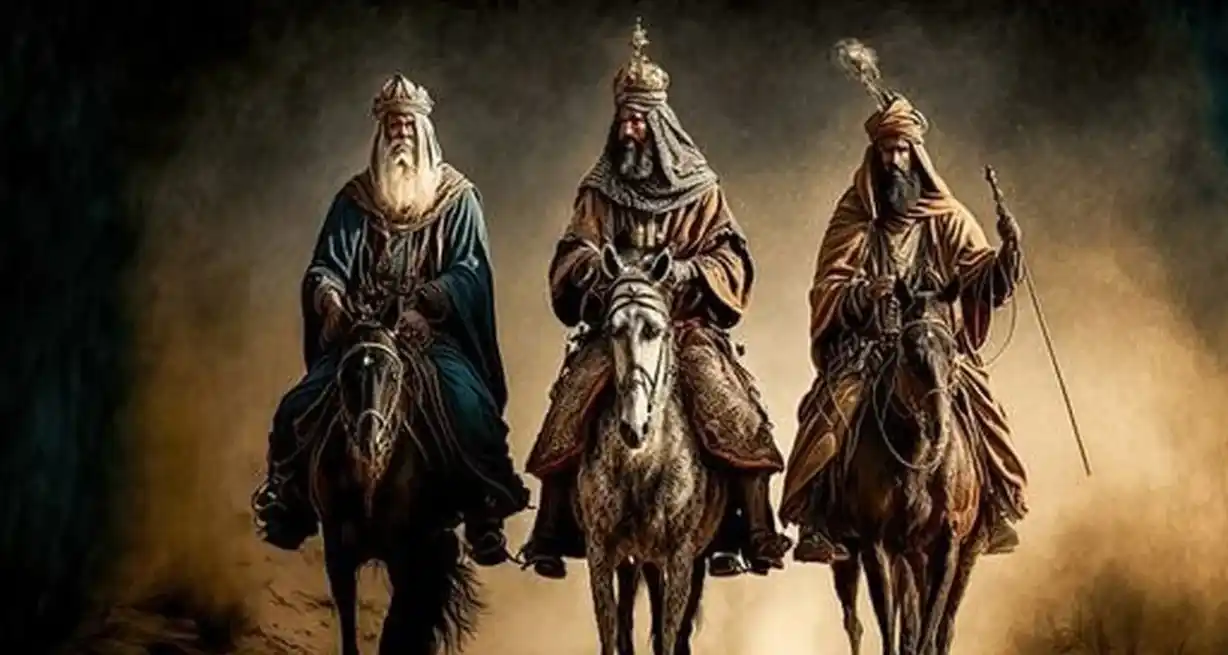 Según la tradición, los Reyes Magos eran sabios religiosos que estudiaban el firmamento. Aquí los podemos observar en una versión atípica, montados a caballo, no la más acostumbrada o clásica, que los presenta a lomo de camellos.