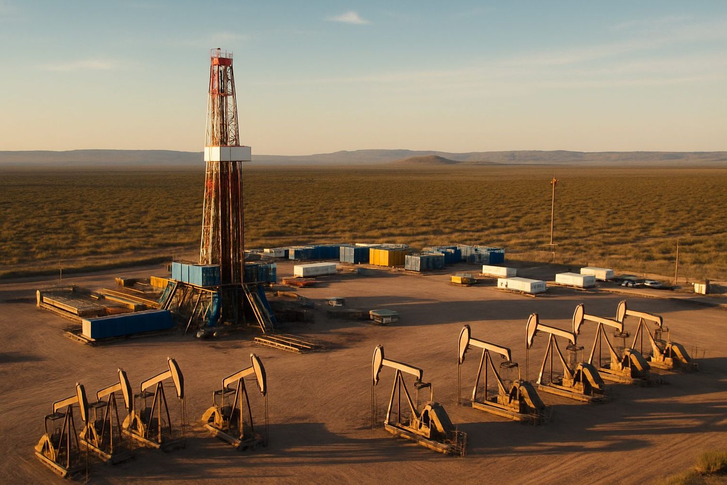 Vista aérea de una plataforma de perforación y múltiples bombeadores en actividad en la cuenca neuquina, epicentro de la producción no convencional de Argentina.