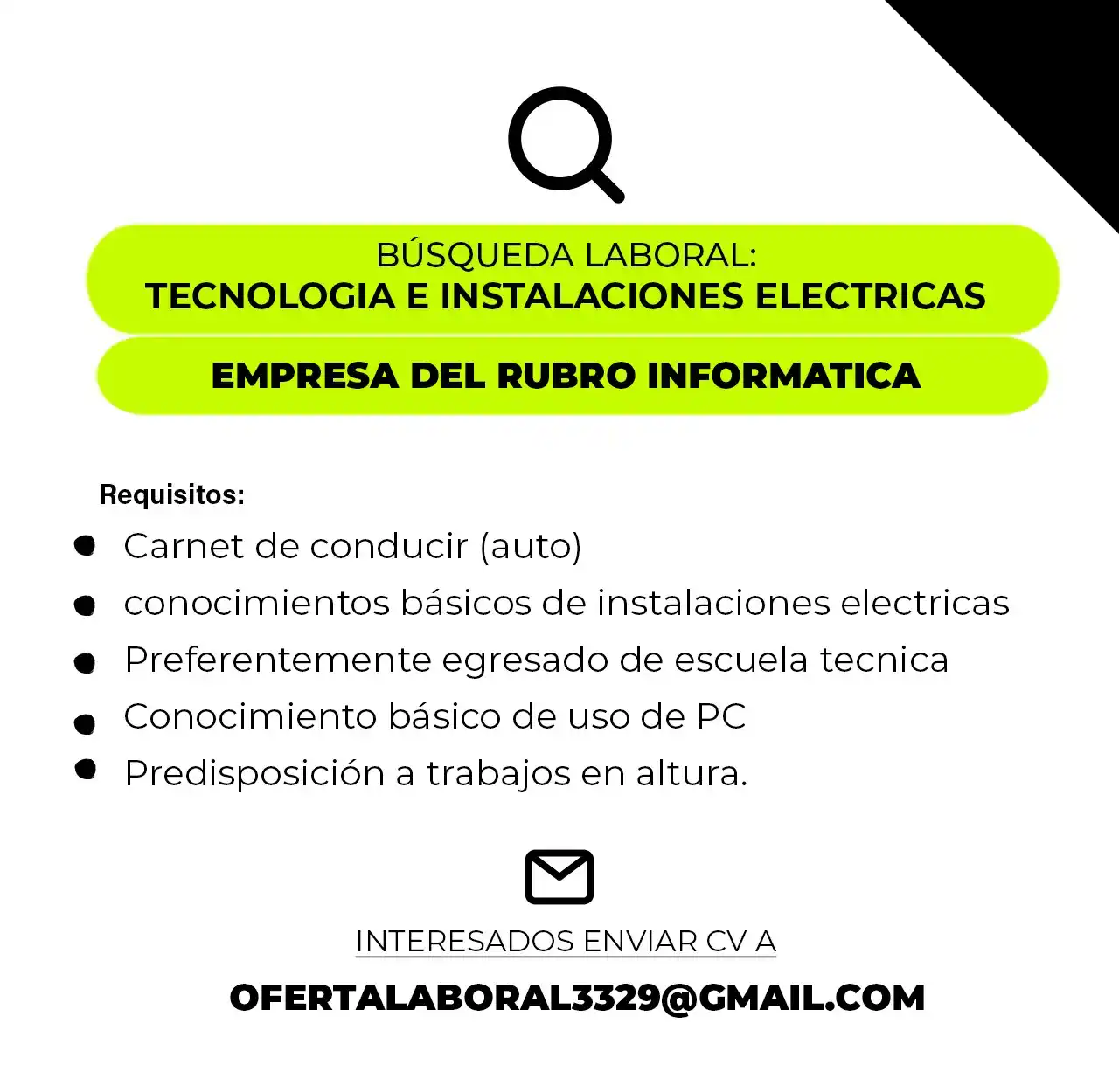 Empleos: búsqueda de responsable en tecnología e instalaciones eléctricas