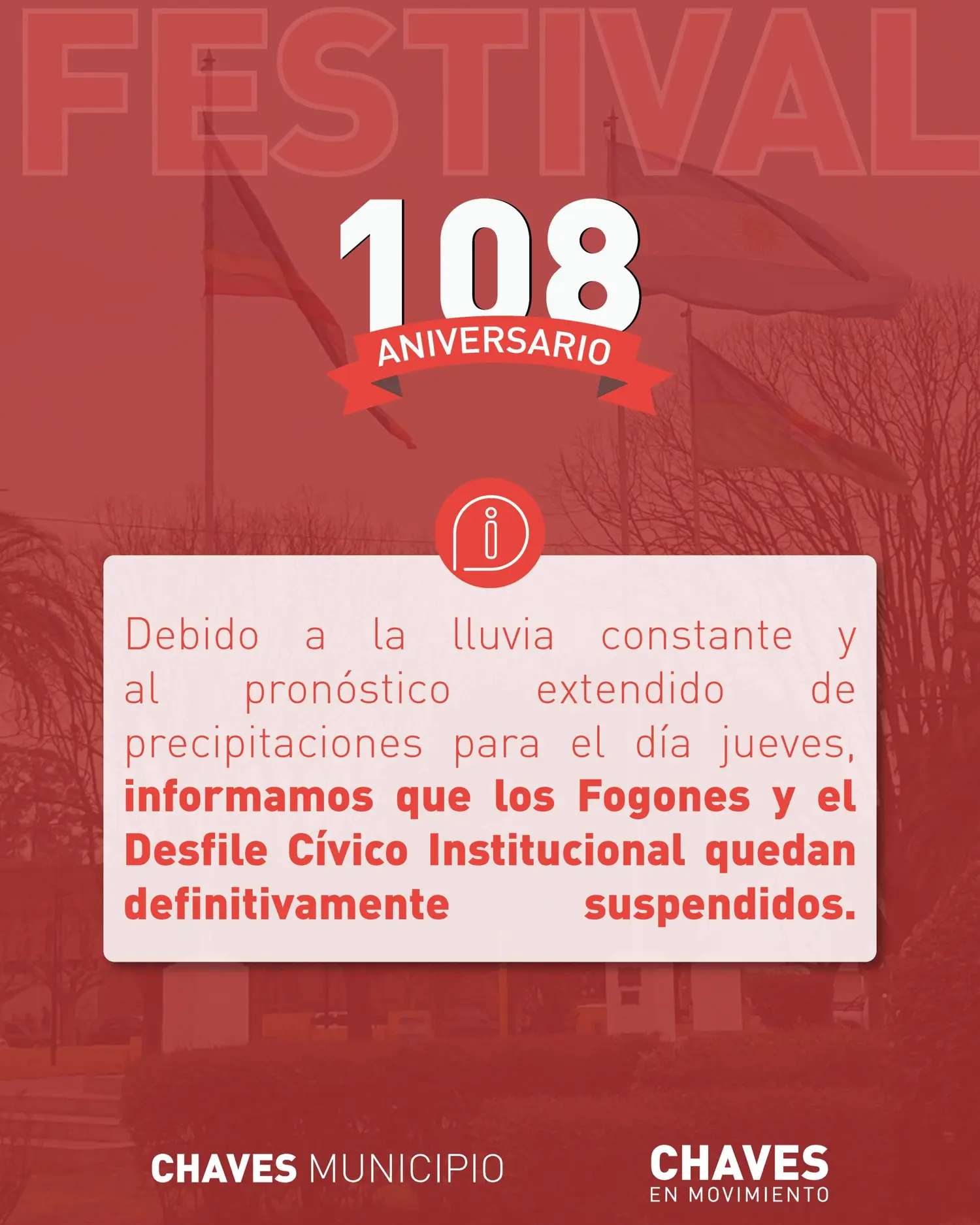 Se suspenden los fogones y el Desfile Cívico Institucional por el Aniversario de Cháves
