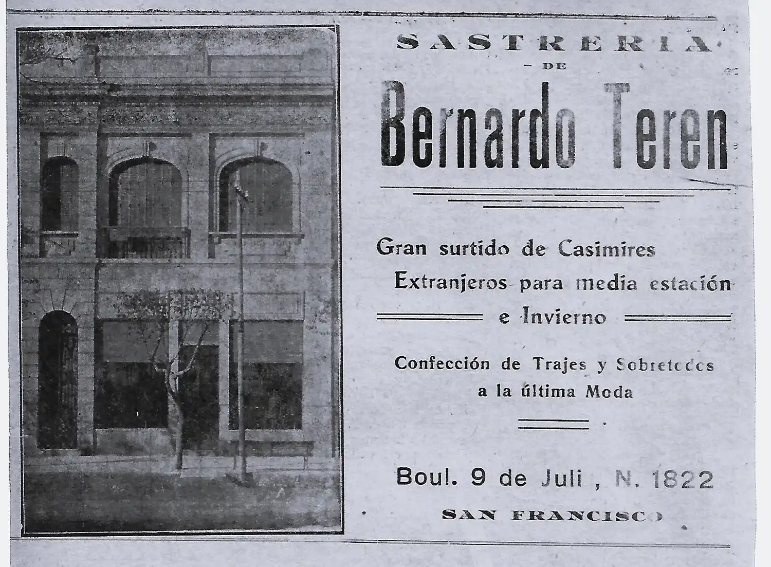 El edificio de la sastrería de Bernardo Terén en publicidad del año 1929 (Archivo Gráfico y Museo Histórico)