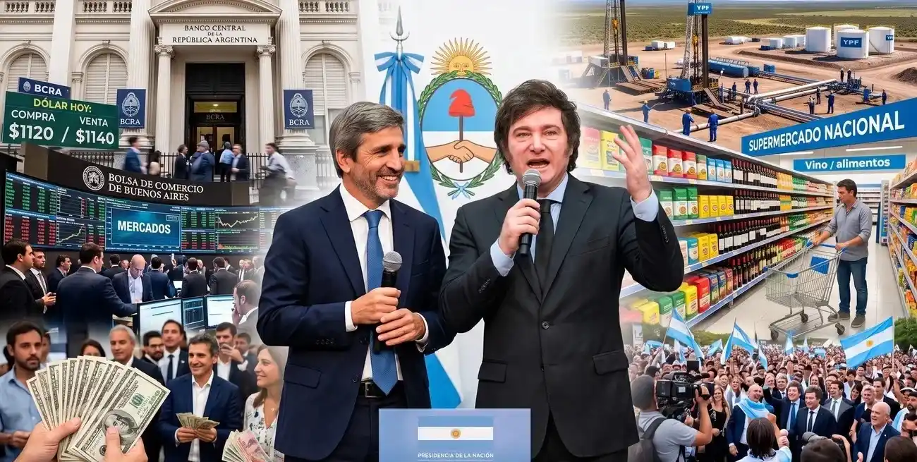 Caputo despeja el horizonte financiero, Milei recupera imagen pero los "changuitos" siguen esperando. Imagen generada con Inteligencia Artificial.