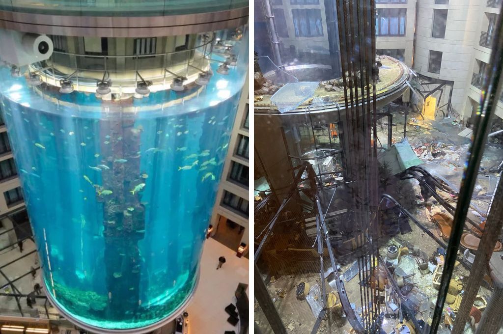 Susto en Berlín: estalló en mil pedazos el acuario cilíndrico más grande del mundo con más de 1500 peces