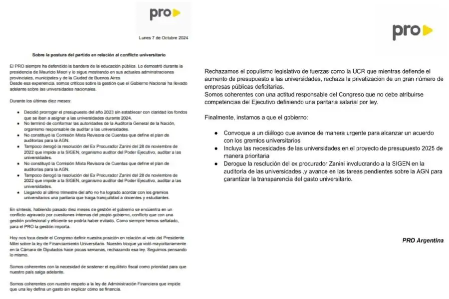 Comunicado del PRO