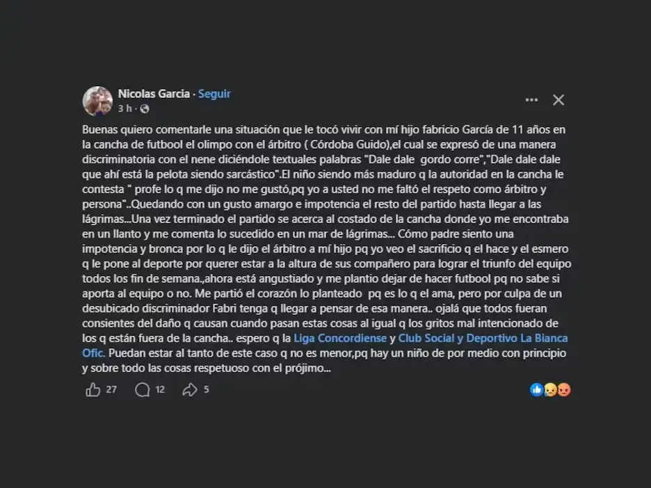 Descargo del padre del niño discriminado
