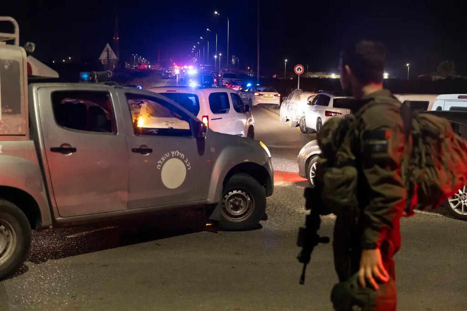 An soldier securing a road in Binyamina, Israel, after a drone attack on Sunday.