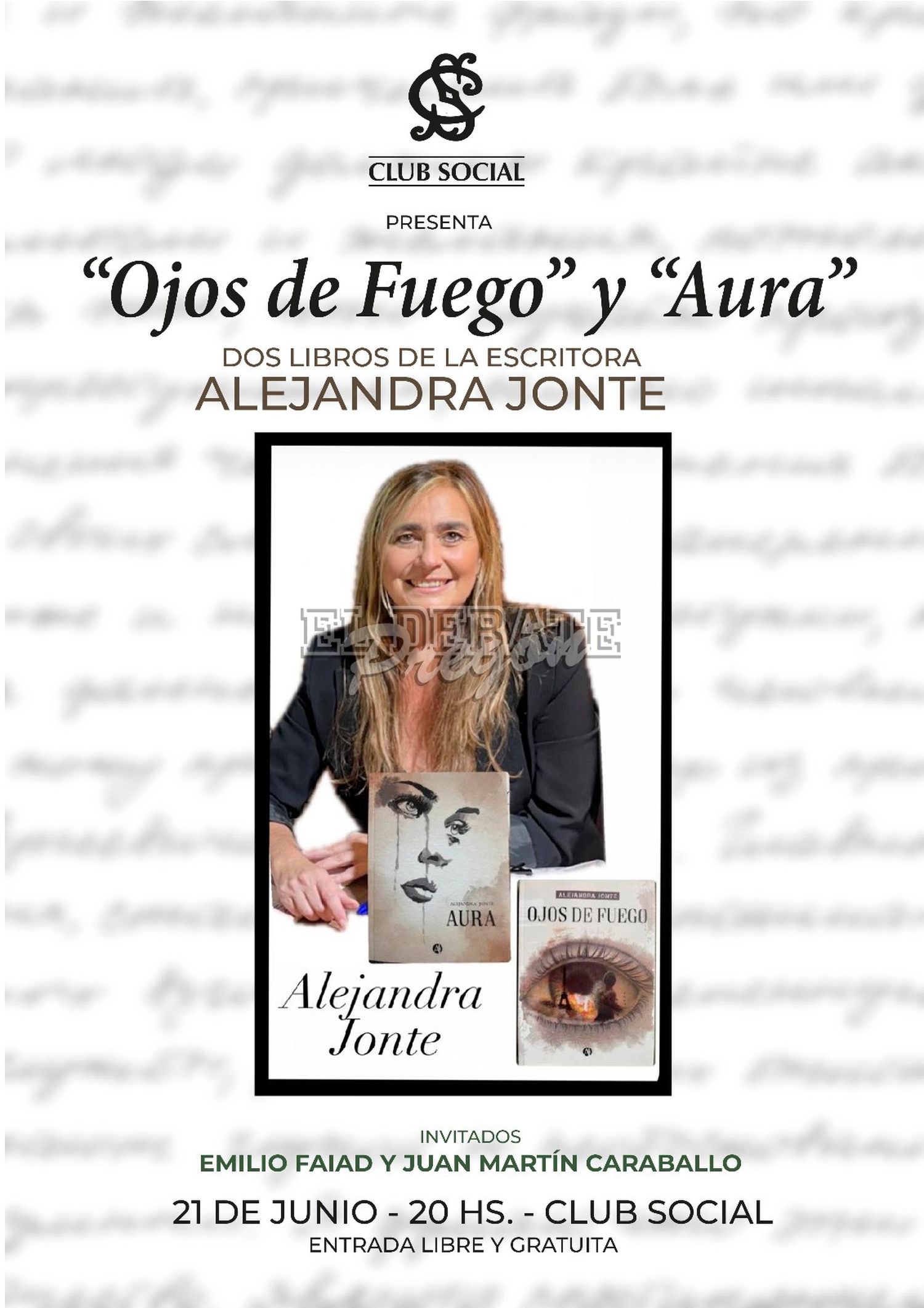 Club Social: mañana, viernes 21, 20 hs. La novelista Alejandra Jonte presentará  sus obras “Ojos de Fuego” y “Aura”