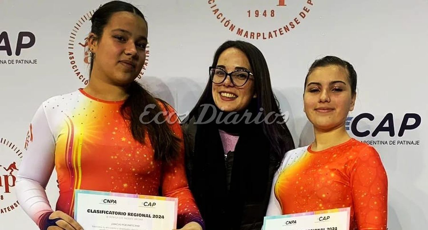 Las patinadoras Lara Ibarguren y Alma Camiña, junto a su profesora Selene González Gutiérrez