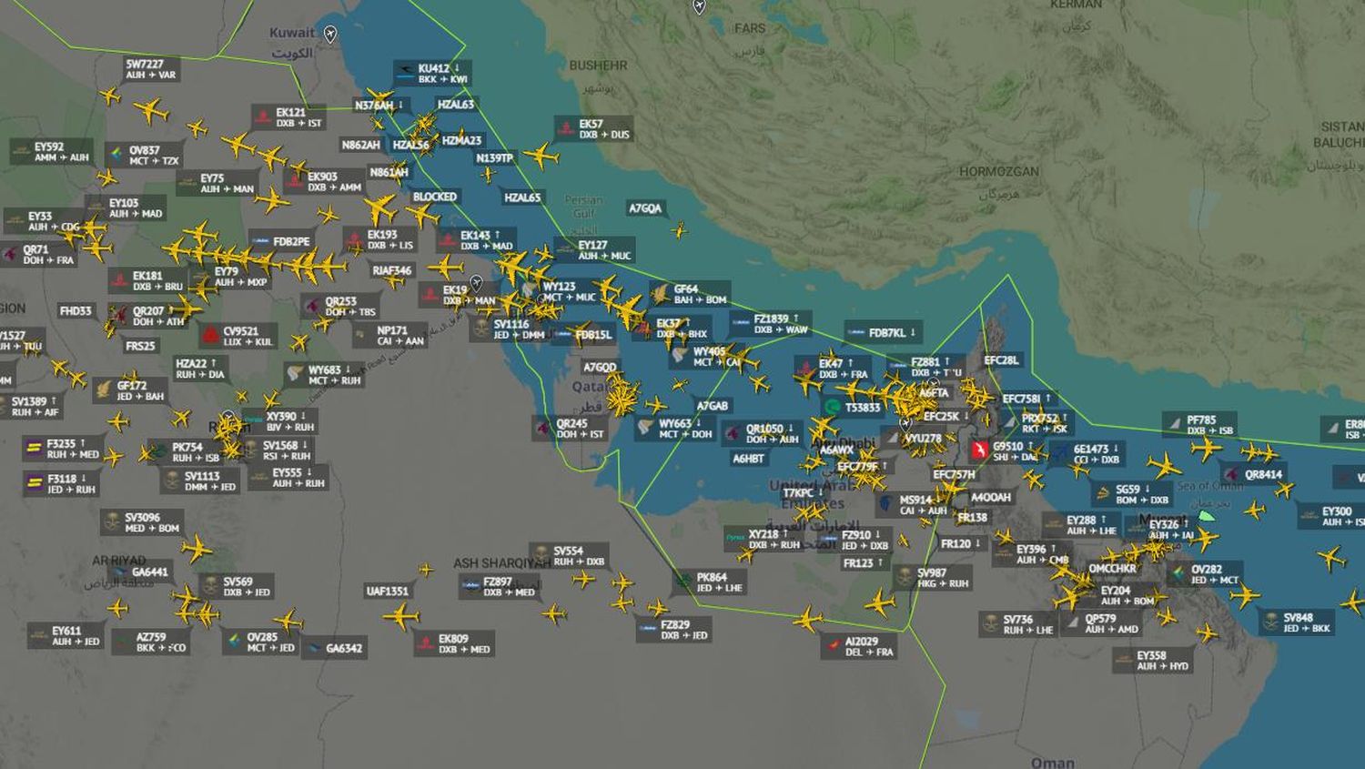 Así se fue vaciando el espacio aéreo de Qatar luego del ataque de Irán