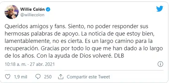 El tuit de Willie Colón que causó sorpresa a sus fanáticos. 