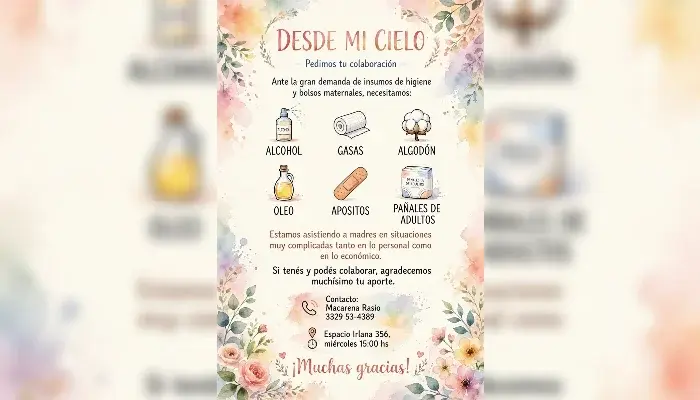 Desde la organización Mi Cielo piden colaboración en gasas, algodón y otras cosas