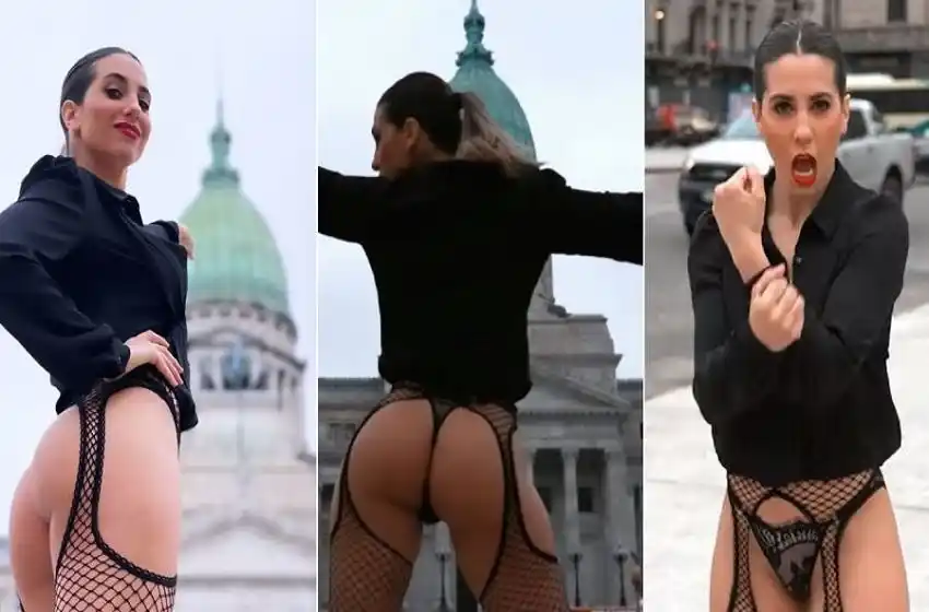 El caliente cierre de campaña de Cinthia Fernández: se grabó bailando en portaligas frente al Congreso