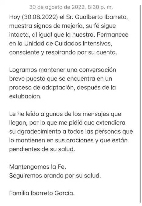 Gualberto Ibarreto continúa mejorando. Foto Instagram