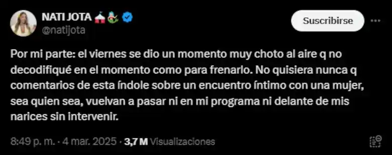 El mensaje de Nati Jota tras los dichos de Eial Moldavsky en Olga (Foto: X @natijota)