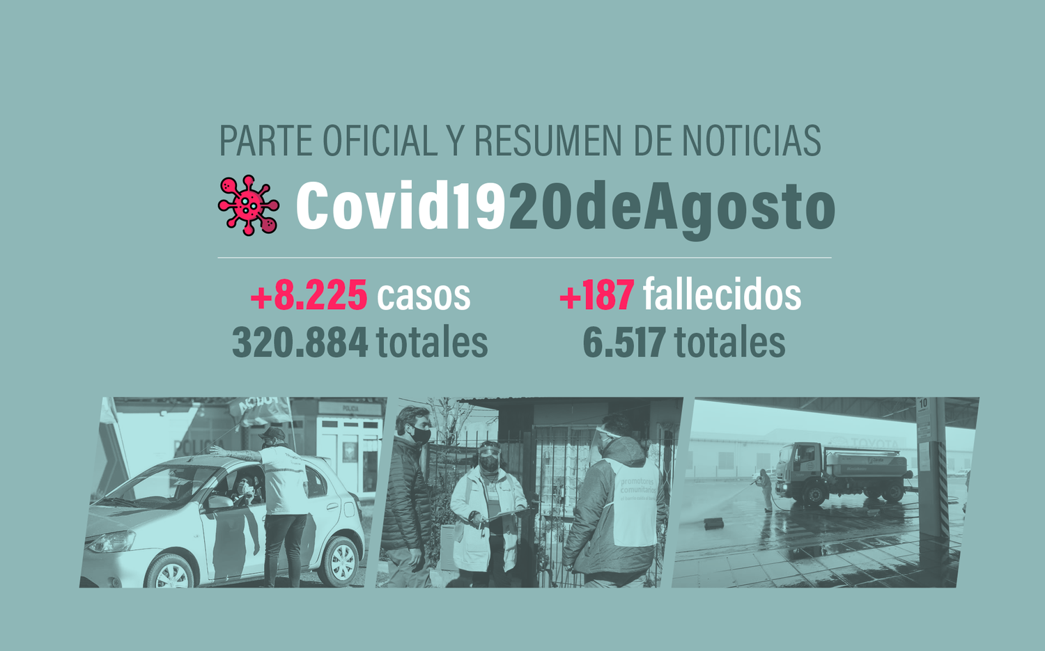 #Coronavirus 20 de agosto: 8225 nuevos casos y 187 muertes, en las últimas 24 horas; récord de positivos